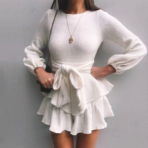 Log Puff Sleeves White / Cream Sweater Dress
